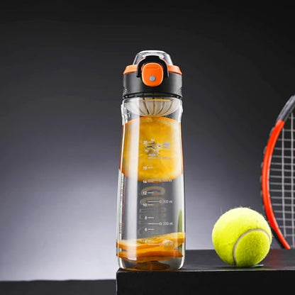Doseno Clear Water Bottle, 27 oz Reusable Plastic Sports Bottle, Black | Clear plastic water bottle with measurements has dual openings, removable filter and carrying strap for gym and hiking
