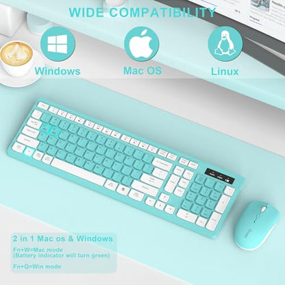 RECCAZR Wireless Keyboard and Mouse Combo, Full-Sized Keyboard and Adjustable DPI Mouse, 2.4GHz USB Receiver, Wireless for PC, Windows, Desktop, Laptop (Blue) - color: Tiffany Blue