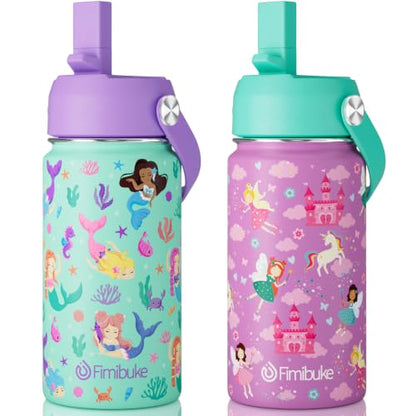 Fimibuke Kids Insulated Water Bottle, 14oz BPA FREE Double Wall Vacuum Tumbler 18/8 Stainless Steel Leak Proof Kids Cups with Straw Metal Water Bottle for School Boys Girls, 2 Pack - color: Fairy & Mermaid