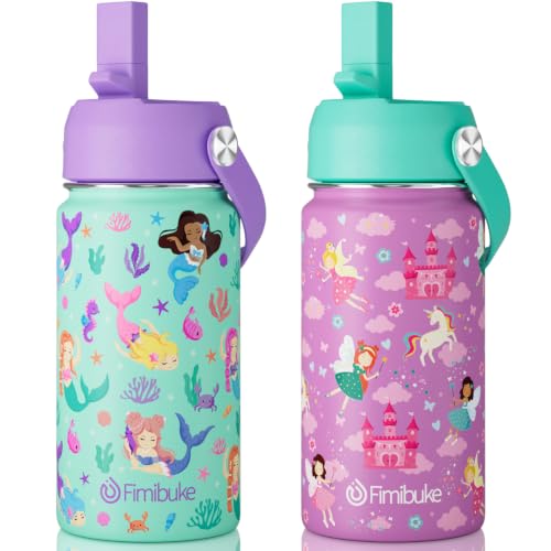 Fimibuke Kids Insulated Water Bottle, 14oz BPA FREE Double Wall Vacuum Tumbler 18/8 Stainless Steel Leak Proof Kids Cups with Straw Metal Water Bottle for School Boys Girls, 2 Pack - color: Fairy & Mermaid
