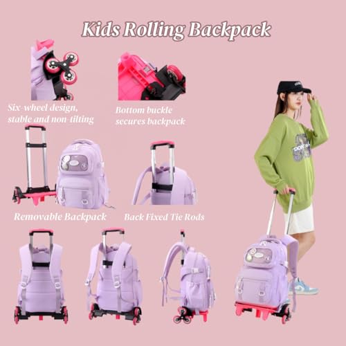 Mfikaryi Rolling Backpacks for Girls Plain School Backpack Cute Girls Backpack with Wheels - color: 5a# Purple-6 Wheels