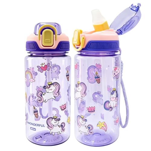 20oz Leak Proof Kids Water Bottle, Sturdy and drop-resistant, with Straw & Handle for School Travel, BPA Free, Dishwasher Safe (Unicorn) - color: Unicorn