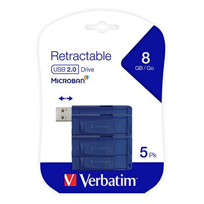 Verbatim 8GB Retractable USB 2.0 Flash Thumb Drive with Microban Antimicrobial Product Protection – Five Pack Blue (Pack of 2) - size: 8 GB-10 Pack