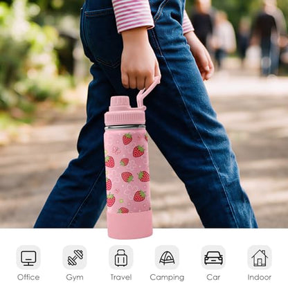 Strawberry Water Bottle 18 oz - Double Wall Vacuum Insulated Tumbler Coffee Cup Keeps Drinks Cold & Hot - Strawberries Festival Birthday Gifts for Strawberry Lovers Girls Women Sister - color: Strawberry