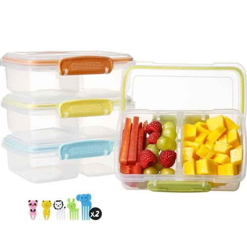 Greentainer 4 Pack Snack Containers with Lids for Kids, 2 Compartment Reusable Bento Lunch Box with Cute Forks, Divided BPA-Free Plastic Food Storage & Meal Prep for School, Travel, Fruits & Snacks - color: Yellow