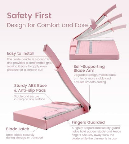 Paper Trimmer, 12" Cutting Length Heavy Duty Paper Cutter with Safety Protection and Blade Lock, Paper Cutter 12 Sheets, Cardstock/Laminate - color: Pink
