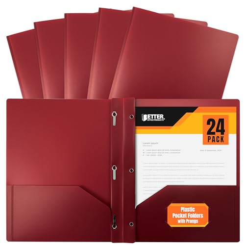 Better Office Products Burgundy Plastic 2 Pocket Folders with Prongs, 24 Pack, Heavyweight, Letter Size Poly Folders with 3 Metal Prongs Fastener Clips, Burgundy Red