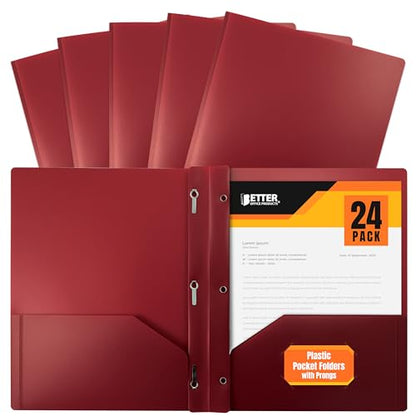 Better Office Products Burgundy Plastic 2 Pocket Folders with Prongs, 24 Pack, Heavyweight, Letter Size Poly Folders with 3 Metal Prongs Fastener Clips, Burgundy Red