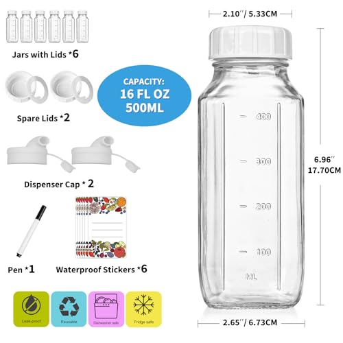 6 Pack 16 Oz Glass Juice Bottles with 2 Pour Spouts, 100% Airtight Heavy Duty SCREW Lid- Reusable Glass Milk Bottles w Scale Mark, Square Drinking Jar Juice Container Breast Milk Pitcher(Extra 2 Lid) - style: 6 Pack