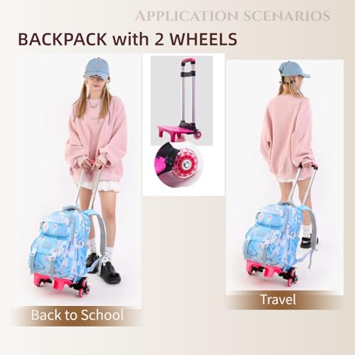 Kids Rolling Backpack for Girls School Backpack with Wheels for Boys Wheeled Bookbags Roller Trolley Bags for Primary Students, 2-Wheel Light Blue - color: 2 Wheels Light Blue