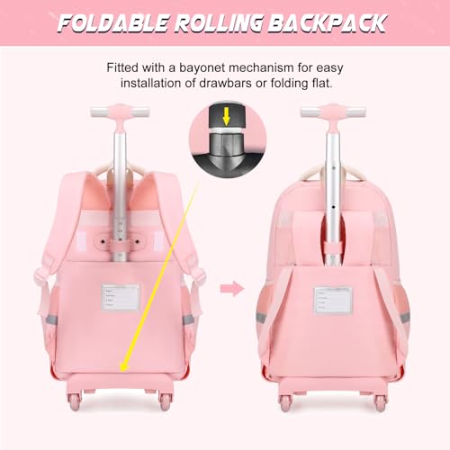 DIGOBAY Rolling Backpack for Girls, Cute Roller School Bag with Wheels, Kids Wheeled Backpacks Set with Lunch Bag Pencil Case for Teen Girls Kindergarten Elementary Middle School - color: Beige-pink