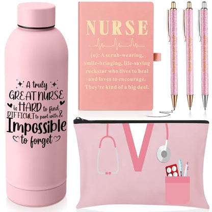 6 Pcs Nurse Gifts Set for Women Men, Rn Appreciation Thank You Gift for Nurses Week Graduation Birthday, 16oz Vacuum Insulated Water Bottle, Makeup Bag, Notebook, Ballpoint Pens(Pink) - color: Pink