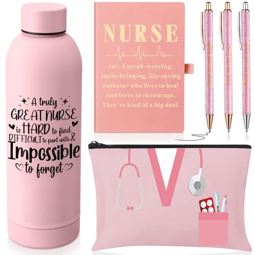6 Pcs Nurse Gifts Set for Women Men, Rn Appreciation Thank You Gift for Nurses Week Graduation Birthday, 16oz Vacuum Insulated Water Bottle, Makeup Bag, Notebook, Ballpoint Pens(Pink) - color: Pink