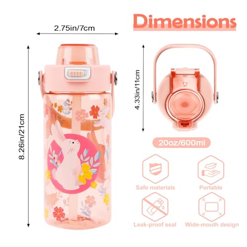 20oz Kids Water Bottle For School or Travel, Leak-Proof & Dishwasher, Durable Plastic Sport Water Bottle With Straw and Handle, Rabbit - color: Pink rabbit