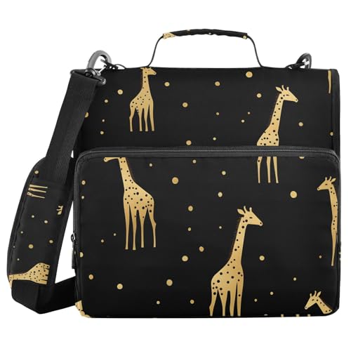 3 Ring Zipper Binder with Shoulder Strap Gold Giraffe Black 1.5 inch Binders Keeper Large Capacity Multi Pockets for School Office Supplies