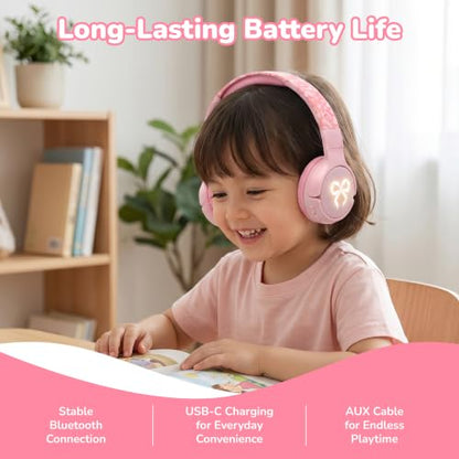 Kids Safe Wireless Light Up Headphones, Foldable Tangle-Free 3.5mm Jack, Volume Limiting 85/94dB, Over-Ear with Microphone for School/Toddlers/Teens/Boys/Girls/Ipad/Tablet/Kindle/Phones/Travel/Plane - color: Pink