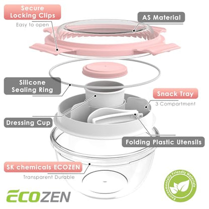 WHALEHOUSE Clear Eco-friendly SK chemicals ECOZEN Salad Container, 33OZ Portable Plastic Salad Bowls with Lid & Snack Tray, Leak-Proof Dressing Container, Reusable Fork, Lunch Box for Meal Prep (Pink) - color: Pink