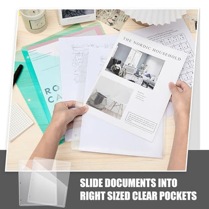 Seajan 24 Pcs Pocket Folders for 3 Ring Binder Clear Plastic Folders Sleeves with 2 Pockets 3 Hole Punch Binder Dividers Poly Slash File Jackets for Office School Document Organizer (White) - color: White