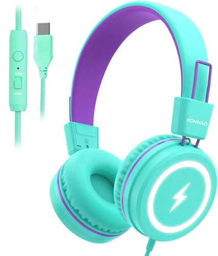 Kid Headphones for School, USB Type C Kids Headphone with LED Lights, Wired Boys Girls Headphones with Safe Limiter 85dB/94dB, Foldable On Ear Headphones with Microphones for School/iPad, Green - color: Purple Green