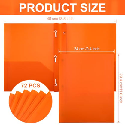 Cholemy 72 Packs Pocket Folders with Prongs Heavy Duty Plastic Folder with Business Card Slot 3 Prong Fasteners for School Office (Orange) - color: Orange