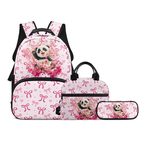 Back to School Bookbag Set for Kids, Pink 3-in-1 Insulated Lunch Bag Pencil Case Combo for Girls Elementary Students, Panda Lightweight Backpack with Matching Lunchbox Pouch - color: Pink Bows-panda