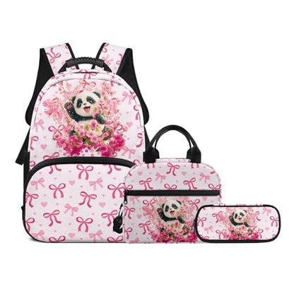 Back to School Bookbag Set for Kids, Pink 3-in-1 Insulated Lunch Bag Pencil Case Combo for Girls Elementary Students, Panda Lightweight Backpack with Matching Lunchbox Pouch - color: Pink Bows-panda