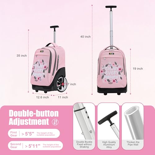 NEW TILAMI 19 inch Rolling Backpack Teens Rolling Backpack Cute Wheeled Laptop Backpack Bookbag Roller Travel Bag College, Flower Pink - color: Pink Flower