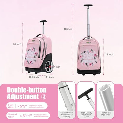 NEW TILAMI 19 inch Rolling Backpack Teens Rolling Backpack Cute Wheeled Laptop Backpack Bookbag Roller Travel Bag College, Flower Pink - color: Pink Flower