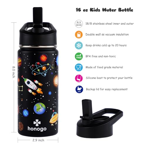 16 oz Stainless Steel Insulated Kids Water Bottle, Leak Proof Metal Thermal Flask with Straw lid, Cute Toddler Tumbler Cup for School Girls & Boys (Black, Space) - color: Black, Space