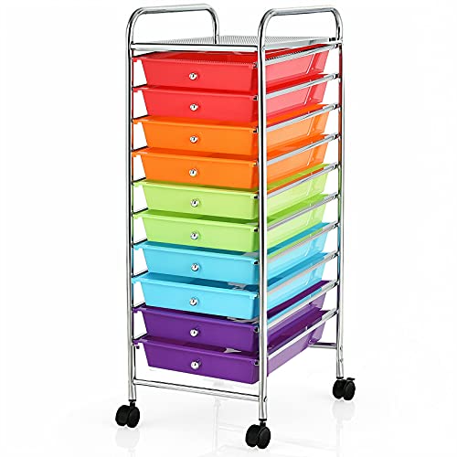 Happygrill 10-Drawer Storage Cart, Utility Cart with Removable Drawers & Metal Frame, Rolling Storage Cart with Lockable Wheels for Home, Office, Multicolor - color: Multicolor