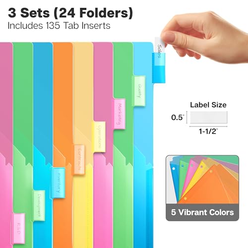 Dunwell 2-Pocket 8 Tab Binder Dividers (3 Sets, 24 Count), Plastic 8 Subject Notebook Dividers with Pockets for 3-Ring Binders, Durable Binder Pocket with Colorful Tabs, Letter Size - size: 3 Sets (24 pcs)