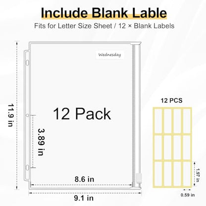 KTRIO 12 Pack Binder Pockets, 8.5 x 11 Zipper Pouches for 3 Ring Binders | Thickened PVC Document Folders, 3 Holes Pre-Punched Fits Standard Binder Letter-Size Paper Storage, Business Office Supplies - size: 12 Pack, style: White Zipper