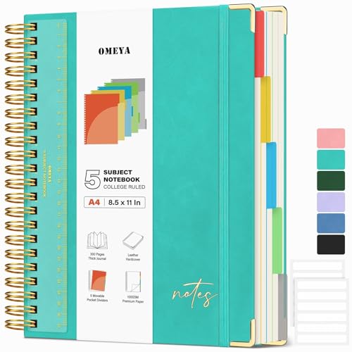Hardcover Spiral Notebook 8.5" x 11": Leather 5 Subject Notebooks College Ruled with Pocket Dividers & Ruler, 300 Pages 100GSM Thick Writing Journal for Women, Large A4 Lined Notebooks for Work School - color: Tiffany Blue, size: A4