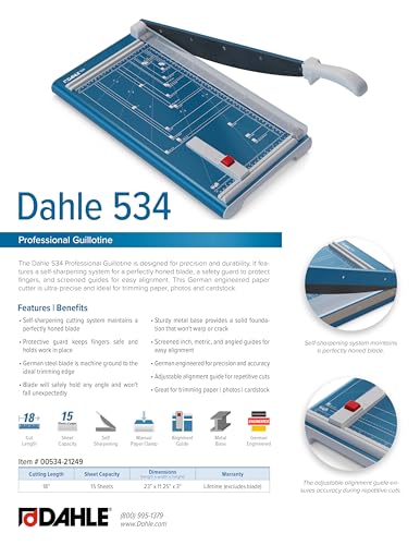 Dahle 534 Professional Guillotine Trimmer, 18" Cut Length, 15 Sheet Capacity, Self-Sharpening, Manual Clamp, German Engineered Paper Cutter | Holds paper, photos and business cards, ideal for creative projects, precise cuts, stable cutting table - size: 1