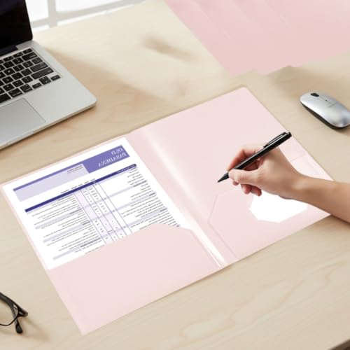 Plastic File Folders with 2 Pockets, Pink Folders with Pockets 7 Pack, File Folders Letter Size 8.5x11 inches Folder with Business Card Slot for Home Office School Business - color: Pink