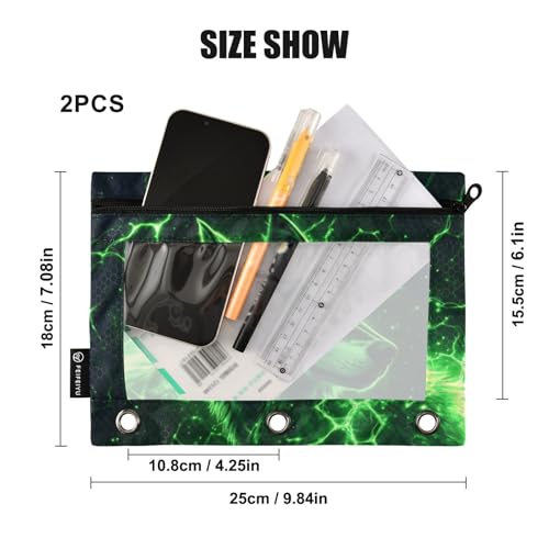 Wolf Pouch for 3 Ring Binder Clear Window Pencil Case for 3 Ring Reinforced Grommets with Zipper, 2 Pack - color: Wolf