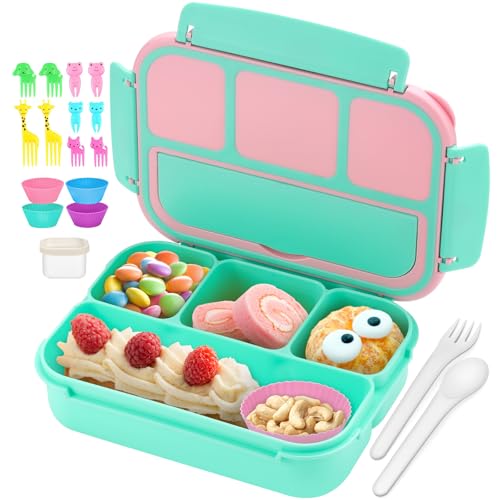 QQKO Bento Box for Kids Adults, School Toddler Lunch Box for Boys Girls, Lunch Box Containers with 4 Compartments, Sauce Container, Utensils, Food Picks and Muffin Cups for School, Pink Green - color: Pink Green