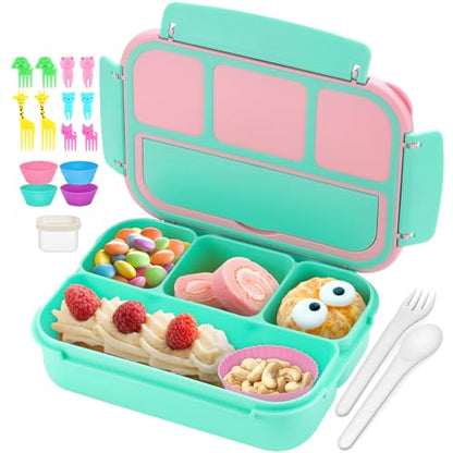 QQKO Bento Box for Kids Adults, School Toddler Lunch Box for Boys Girls, Lunch Box Containers with 4 Compartments, Sauce Container, Utensils, Food Picks and Muffin Cups for School, Pink Green - color: Pink Green