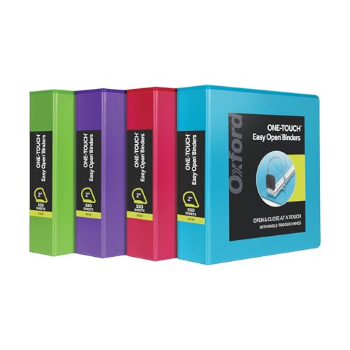 Oxford 2 Inch Binders, 4 Pack, 3 Ring Binder, ONE-Touch Easy Open D-Rings, Holds 530 Sheets, Non-Stick, PVC-Free, Three Ring Binders for Organization and Presentations, Assorted Colors - style: 2.0 Inch