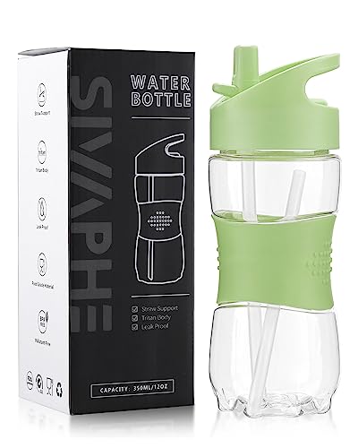 Sivaphe Clear Water Bottle with Straw 12 oz Portable Tritan Transparent Sports Drinking Bottle for School Girls Boys Green - color: Green-1 PACK, size: 11.8 Ounces