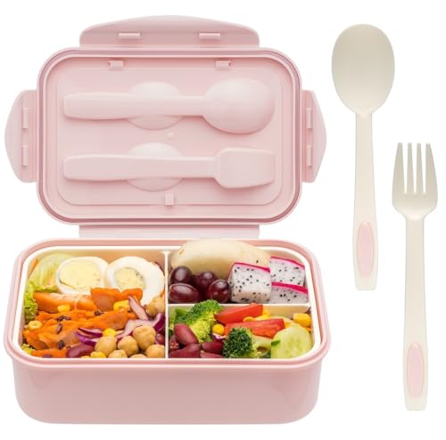LOVINA Bento Boxes for Adults - 1100 ML Bento Lunch Box For Kids Childrens With Spoon & Fork - Durable for On-the-Go Meal, BPA-Free and Food-Safe Materials - color: Pink