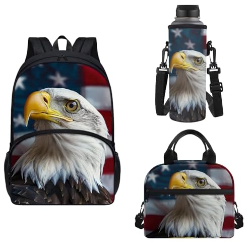 Horeset American Flag Eagle Print School Bags for Boys 5-16 Years 3 Pieces Travel Backpack with Water Bottle Holder Bag Picnic Lunch Bag Water-Resistant 17inch Bookbags - color: American Flag Eagle