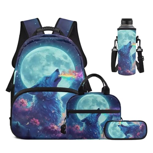 Cool Wolf Backpack for Boys - 17 Inch Bookbag with Insulated Lunch Box, Water Bottle Bag & Pencil Case, 4 in 1 Bookbag Back to School Supplies - color: Cool Wolf