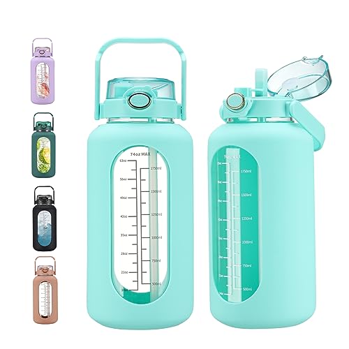 chunmo 74 oz Glass Water Bolttles with Straw Large Motivational Water Bottle with Time Marker Sports Water Bottles with Silicone Sleeve and Handle Lid 2.2L Water Jug for Gym Workout - color: Green