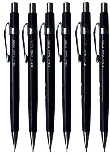 Pentel 0.5mm (P205) Black P200 Series Automatic Mechanical Draughting Pencil Refillable Lead Eraser P205-A (Pack Of 6)