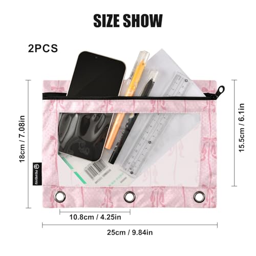 Pink Ribbons Bow Pencil Pouch for 3 Ring Binder 2 Pcs Binder Pouches with Zipper Pocket Pencil Case Bag with Clear Window for Office Work School Supplies - color: Pink Ribbons Bow