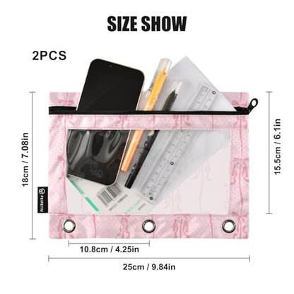 Pink Ribbons Bow Pencil Pouch for 3 Ring Binder 2 Pcs Binder Pouches with Zipper Pocket Pencil Case Bag with Clear Window for Office Work School Supplies - color: Pink Ribbons Bow