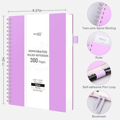 RETTACY Spiral College Ruled Notebook, 300 Perforated Pages (8.2" x 11.2") | 100 GSM Thick Paper, Flexible Plastic Cover, for School, Work, Writing, Journaling (Lilac) - color: Lilac