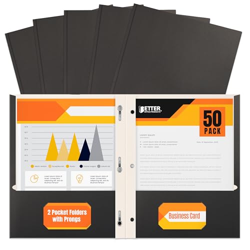 Better Office Products Black Paper 2 Pocket Folders with Prongs, 50 Pack, Matte Texture, Letter Size Paper Folders, 50 Pack, with 3 Metal Prong Fastener Clips, Black - color: Black