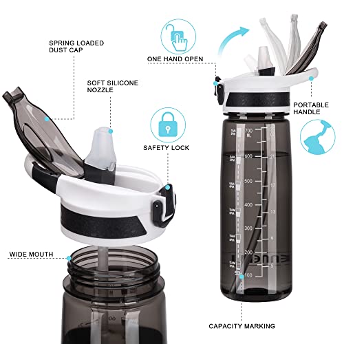 Sports Water Bottle with Straw 800ML Bike Water Bottles Reusable Water Jug 28 OZ Hydro Jug BPA-Free Wide Mouth with Handle for Fitness Outdoor Hiking Camping Dishwasher Safe (N-800 black) - color: N-800 black
